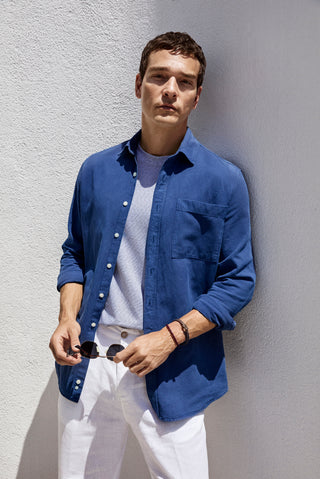  Koyu İndigo Uzun Kol Regular Fit Cepli Denim Görünümlü Lyocell Keten Karışımlı Gömlek