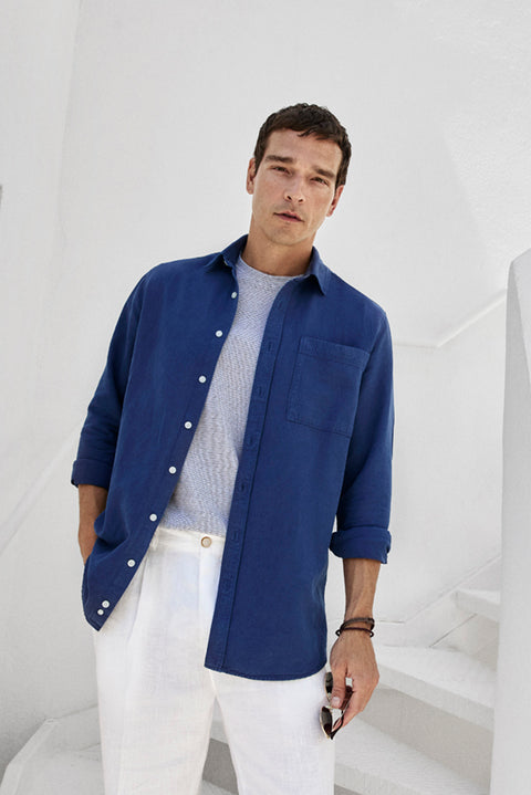 Dark Indigo Long Sleeve Plain Cotton/Lyocell/Linen Shirt
