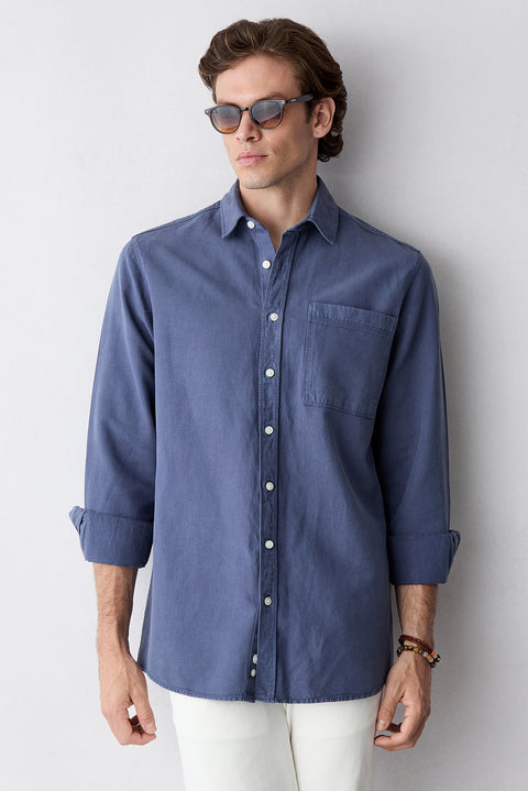 Dark Indigo Long Sleeve Plain Cotton/Lyocell/Linen Shirt