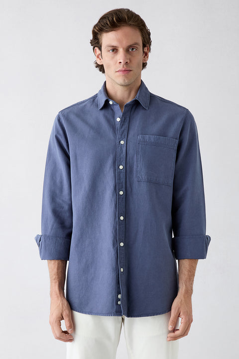 Dark Indigo Long Sleeve Plain Cotton/Lyocell/Linen Shirt