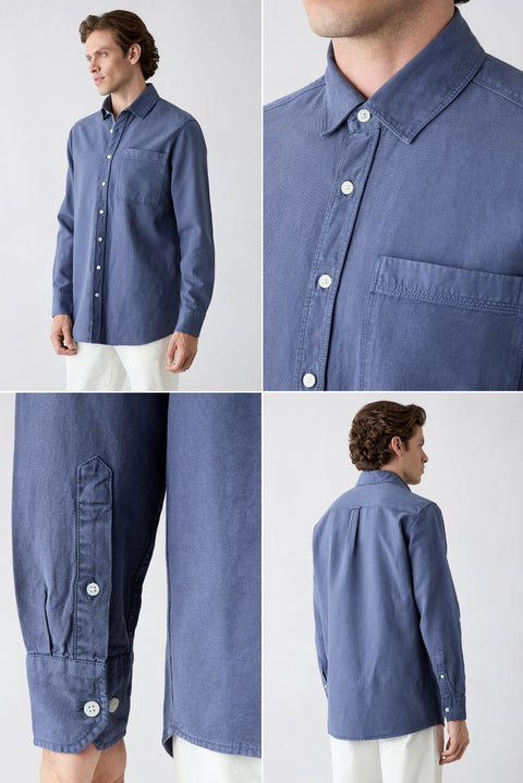 Dark Indigo Long Sleeve Plain Cotton/Lyocell/Linen Shirt