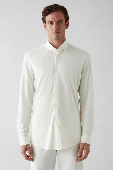Krem Uzun Kol Slim Fit Modal Karışımlı Örme Spor Gömlek
