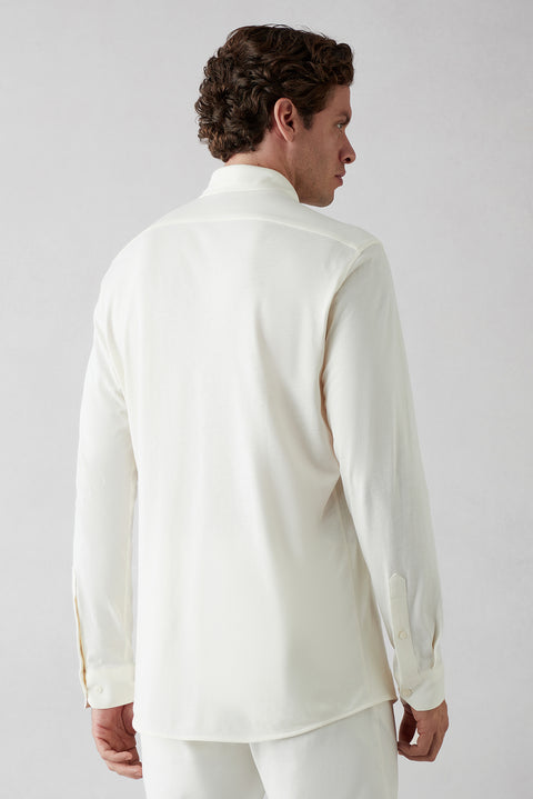 Krem Uzun Kol Slim Fit Modal Karışımlı Örme Spor Gömlek