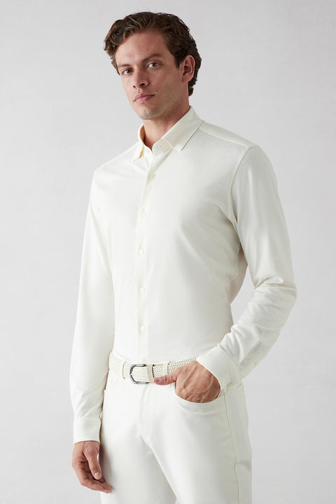Krem Uzun Kol Slim Fit Modal Karışımlı Örme Spor Gömlek