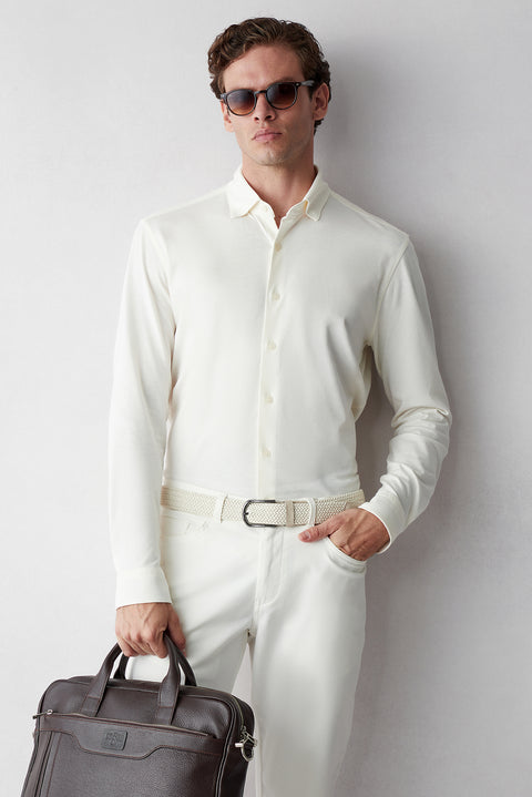 Krem Uzun Kol Slim Fit Modal Karışımlı Örme Spor Gömlek