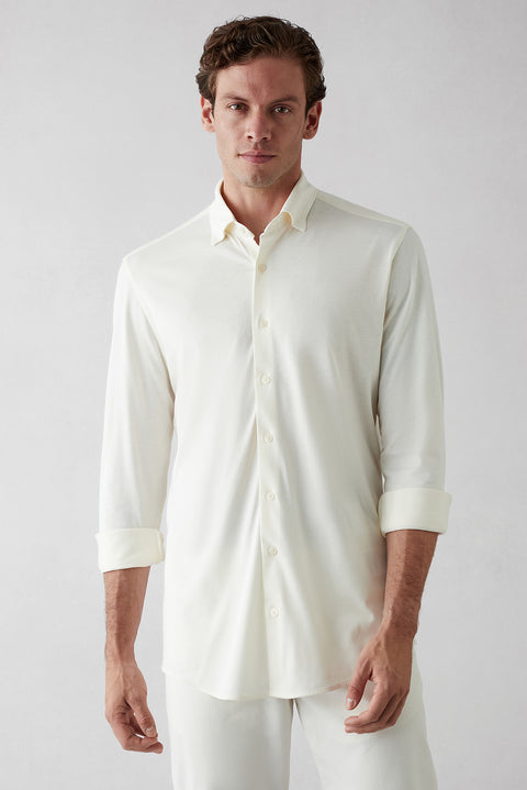 Krem Uzun Kol Slim Fit Modal Karışımlı Örme Spor Gömlek