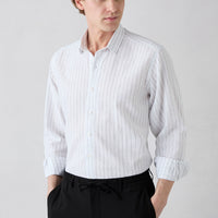 Mid Grey Long Sleeve Regular Fit Striped Cotton Linen Breathable Shirt