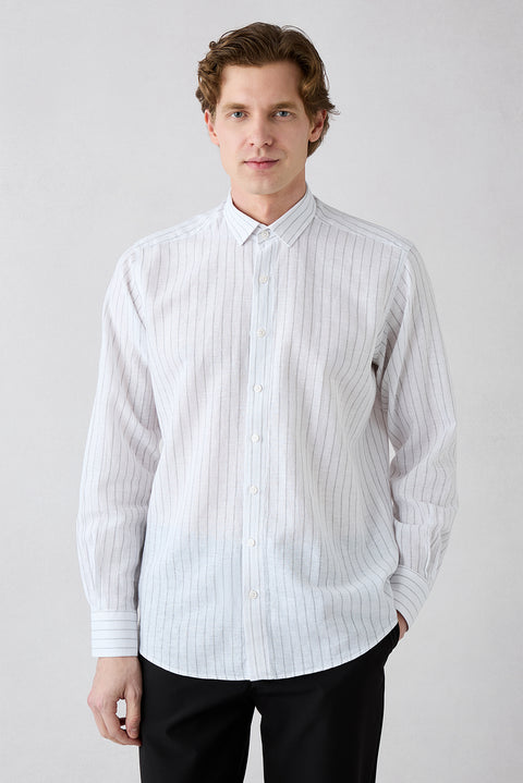 Mid Grey Long Sleeve Regular Fit Striped Cotton Linen Breathable Shirt