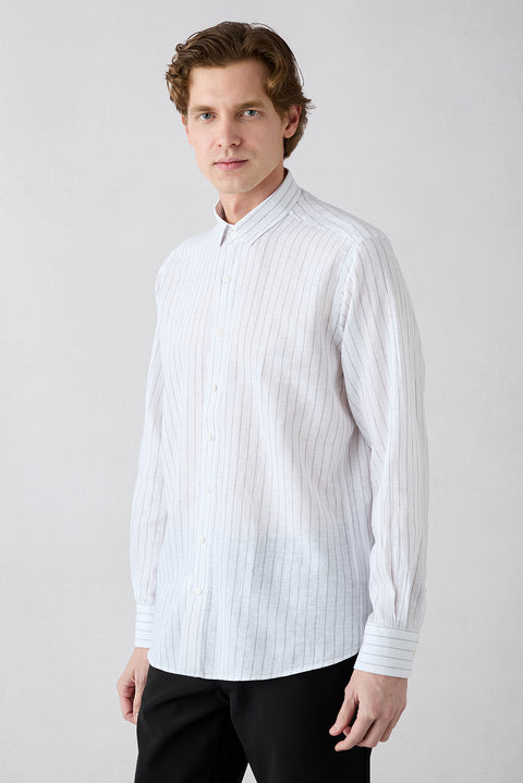 Mid Grey Long Sleeve Regular Fit Striped Cotton Linen Breathable Shirt