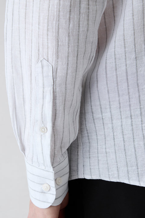 Mid Grey Long Sleeve Regular Fit Striped Cotton Linen Breathable Shirt