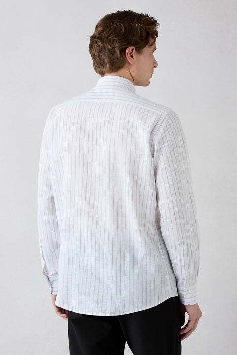 Mid Grey Long Sleeve Regular Fit Striped Cotton Linen Breathable Shirt