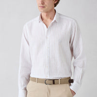 Mid Orange Long Sleeve Regular Fit Striped Cotton Linen Breathable Shirt