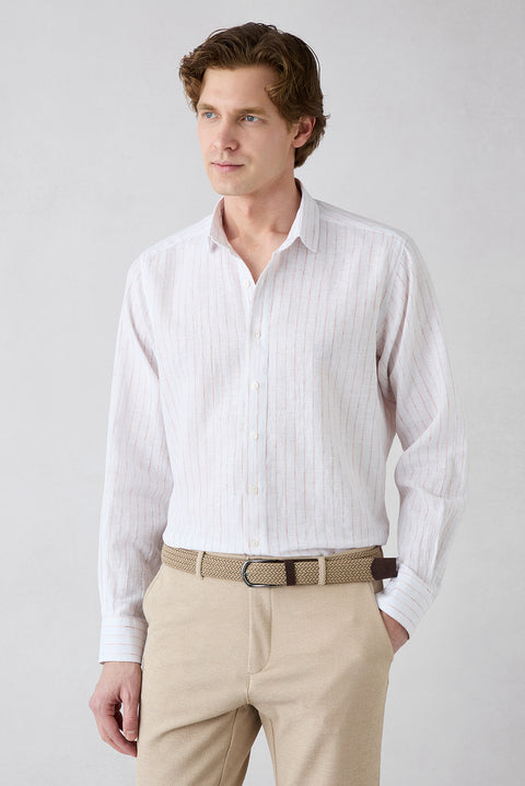 Mid Orange Long Sleeve Regular Fit Striped Cotton Linen Breathable Shirt