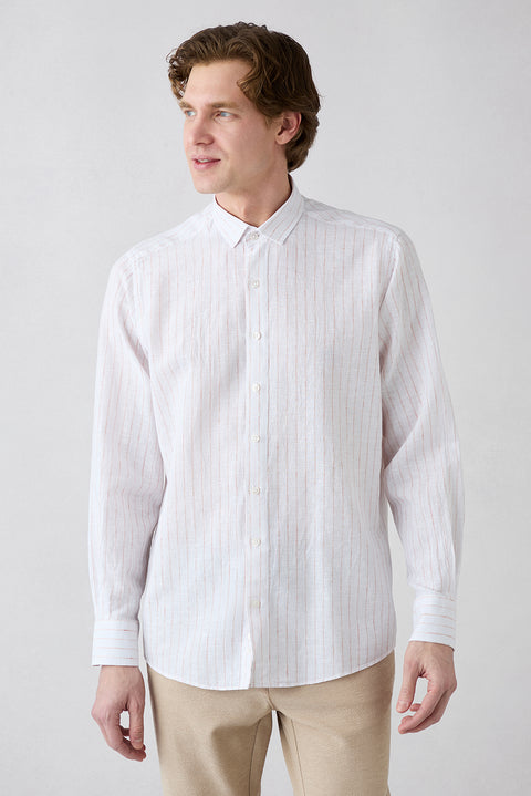 Mid Orange Long Sleeve Regular Fit Striped Cotton Linen Breathable Shirt