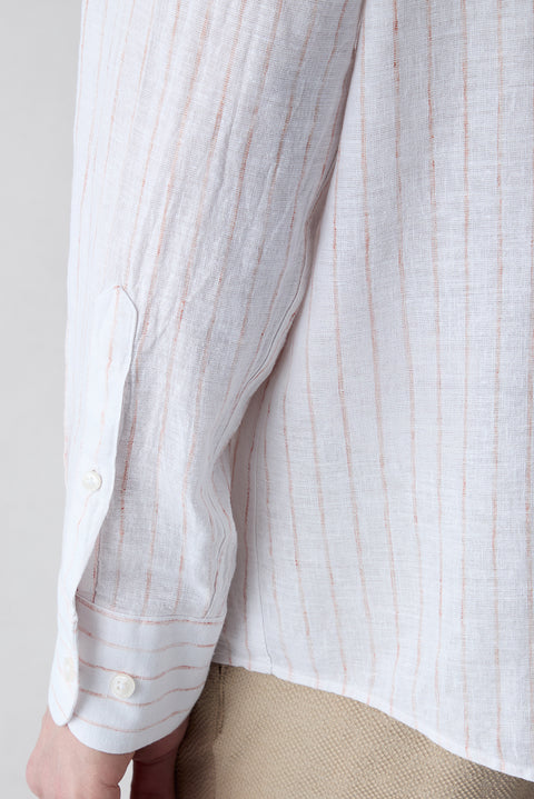 Mid Orange Long Sleeve Regular Fit Striped Cotton Linen Breathable Shirt