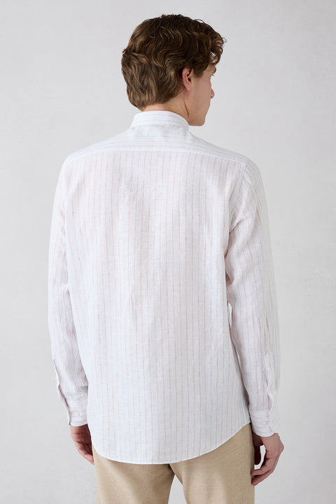 Mid Orange Long Sleeve Regular Fit Striped Cotton Linen Breathable Shirt