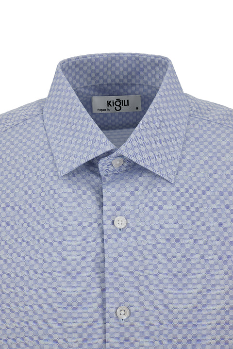 Light Navy Blue Long Sleeve Regular Fit Cotton Patterned Shirt