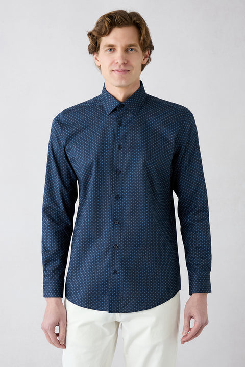 Dark Navy Long Sleeve Slim Fit Printed Classic Collar Cotton Shirt
