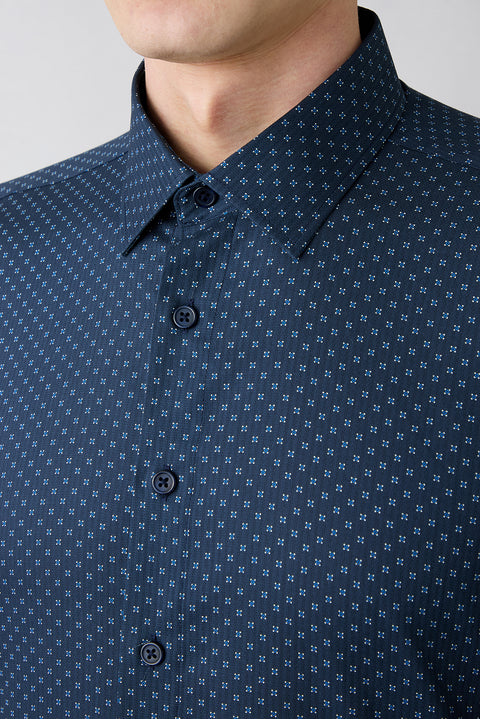 Dark Navy Long Sleeve Slim Fit Printed Classic Collar Cotton Shirt