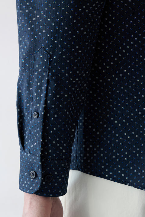 Dark Navy Long Sleeve Slim Fit Printed Classic Collar Cotton Shirt