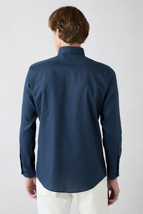 Dark Navy Long Sleeve Slim Fit Printed Classic Collar Cotton Shirt