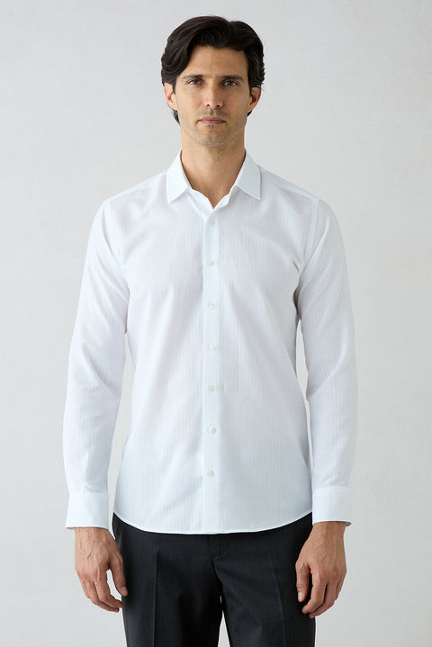 White Long Sleeve Slim Fit Cotton Striped Shirt
