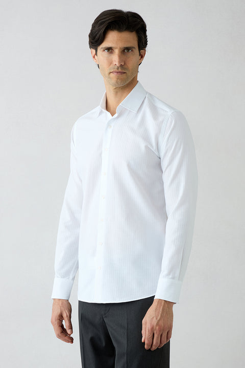 White Long Sleeve Slim Fit Cotton Striped Shirt