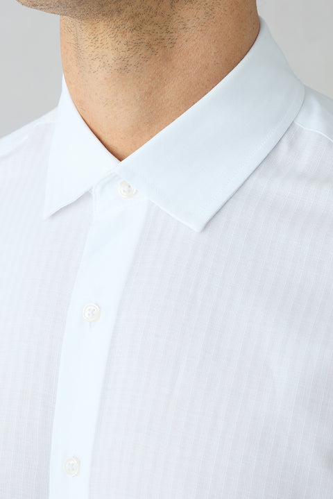 White Long Sleeve Slim Fit Cotton Striped Shirt