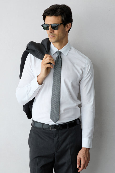 White Long Sleeve Slim Fit Cotton Striped Shirt
