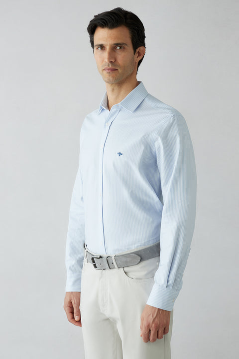 Light Blue Long Sleeve Regular Fit Striped Cotton Shirt