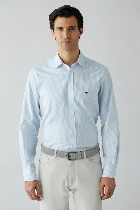 Light Blue Long Sleeve Regular Fit Striped Cotton Shirt