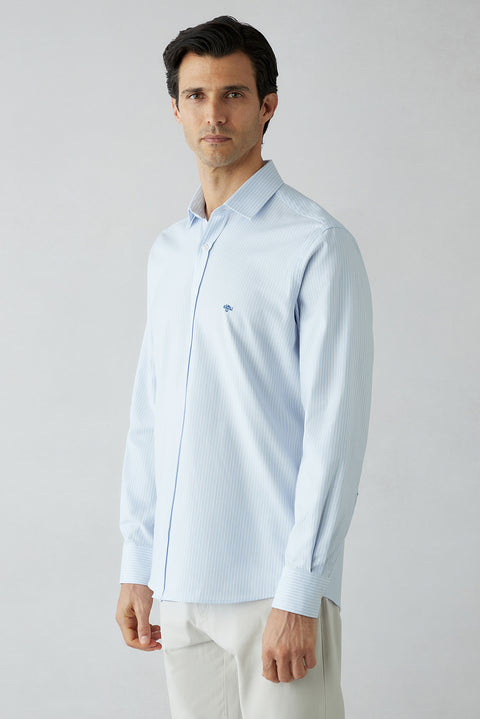 Light Blue Long Sleeve Regular Fit Striped Cotton Shirt