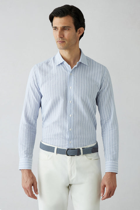 Light Navy Long Sleeve Slim Fit Striped Cotton Shirt