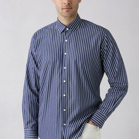Dark Navy Long Sleeve Regular Fit Classic Collar Striped Breathable Cotton Shirt