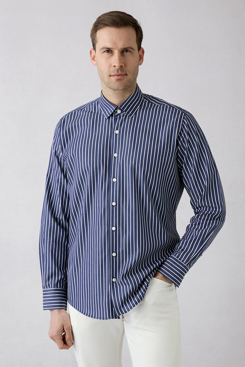 Dark Navy Long Sleeve Regular Fit Classic Collar Striped Breathable Cotton Shirt