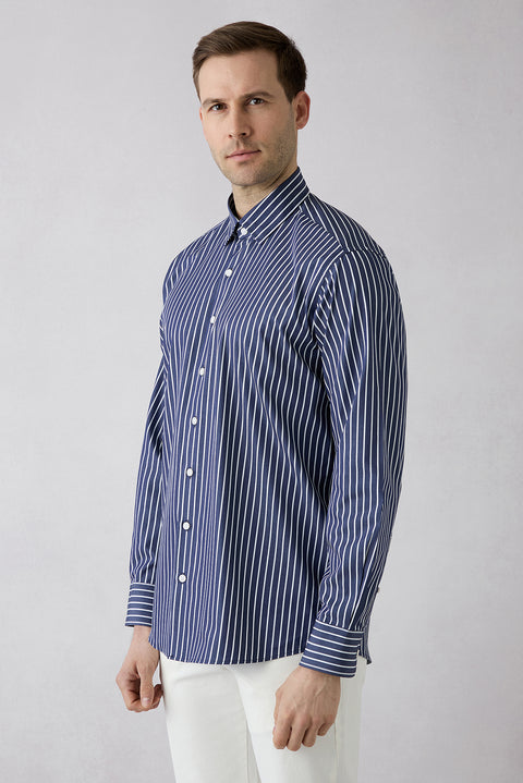 Dark Navy Long Sleeve Regular Fit Classic Collar Striped Breathable Cotton Shirt