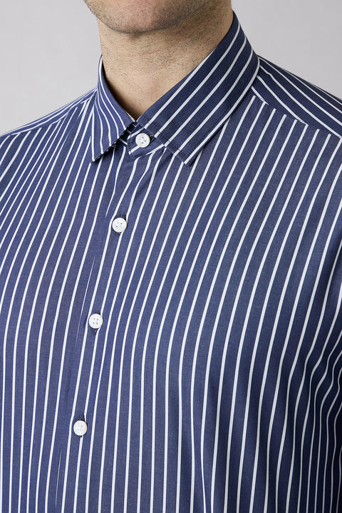 Dark Navy Long Sleeve Regular Fit Classic Collar Striped Breathable Cotton Shirt