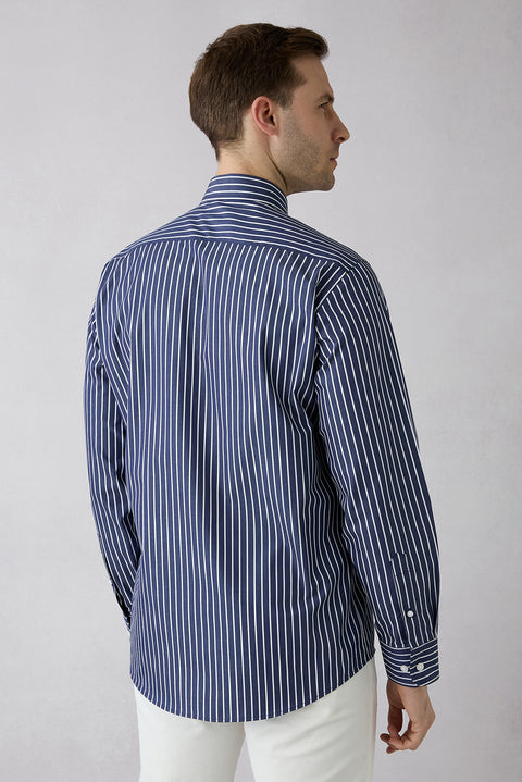 Dark Navy Long Sleeve Regular Fit Classic Collar Striped Breathable Cotton Shirt