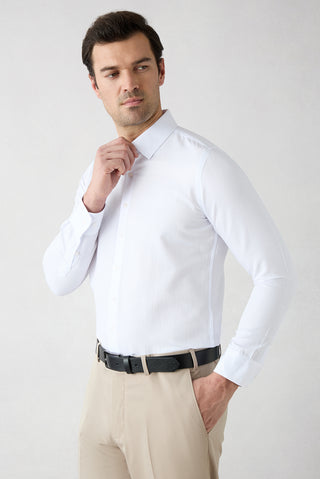  Beyaz Uzun Kol Slim Fit Klasik Desenli Pamuklu Kolay Ütülenebilir Gömlek