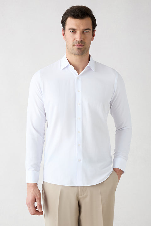 White Long Sleeve Slim Fit Classic Patterned Cotton Easy Iron Shirt
