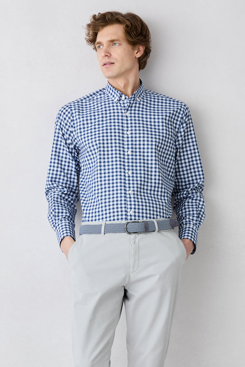 Dark Navy Long Sleeve Regular Fit Plaid Button-Down Easy Iron Cotton Shirt