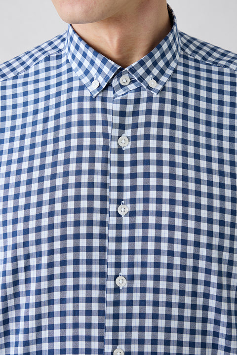 Dark Navy Long Sleeve Regular Fit Plaid Button-Down Easy Iron Cotton Shirt