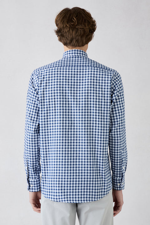 Dark Navy Long Sleeve Regular Fit Plaid Button-Down Easy Iron Cotton Shirt