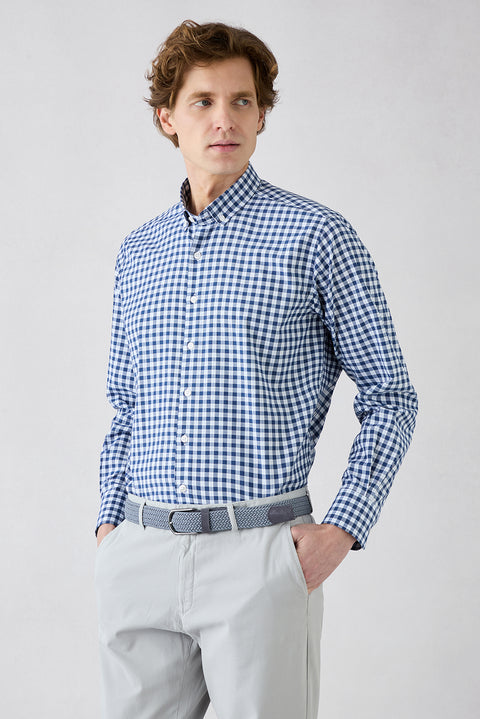 Dark Navy Long Sleeve Regular Fit Plaid Button-Down Easy Iron Cotton Shirt