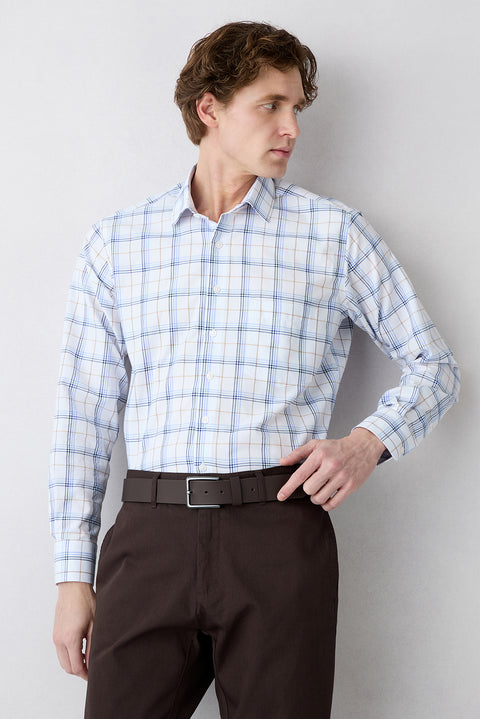 Blue Long Sleeve Regular Fit Plaid Button-Down Collar Pocket Cotton Easy Iron Shirt