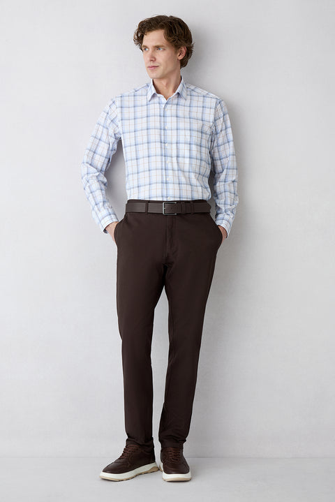 Blue Long Sleeve Regular Fit Plaid Button-Down Collar Pocket Cotton Easy Iron Shirt
