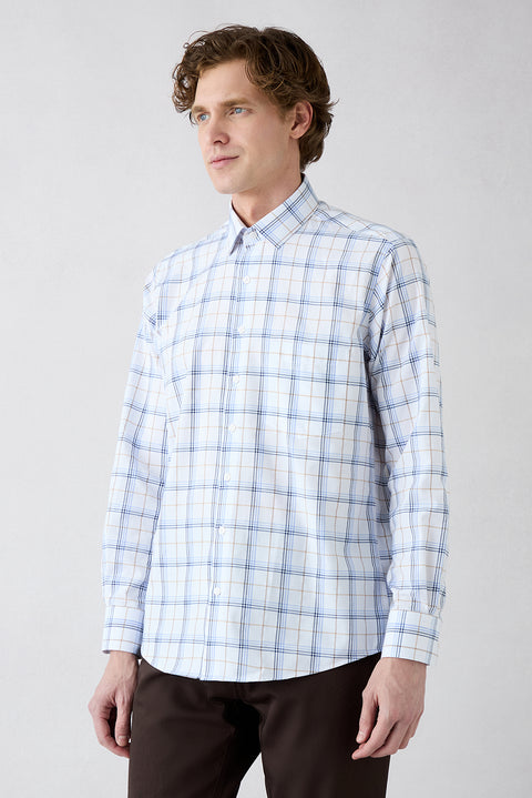 Blue Long Sleeve Regular Fit Plaid Button-Down Collar Pocket Cotton Easy Iron Shirt
