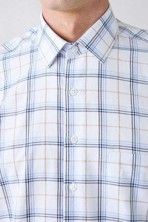 Blue Long Sleeve Regular Fit Plaid Button-Down Collar Pocket Cotton Easy Iron Shirt