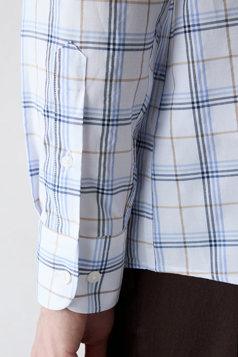 Blue Long Sleeve Regular Fit Plaid Button-Down Collar Pocket Cotton Easy Iron Shirt