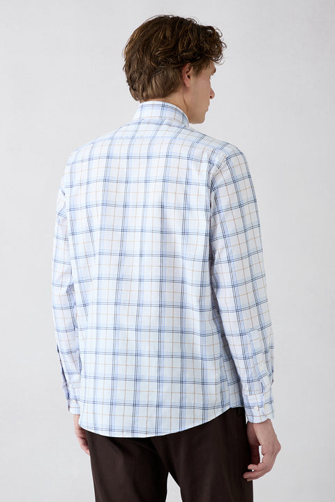 Blue Long Sleeve Regular Fit Plaid Button-Down Collar Pocket Cotton Easy Iron Shirt